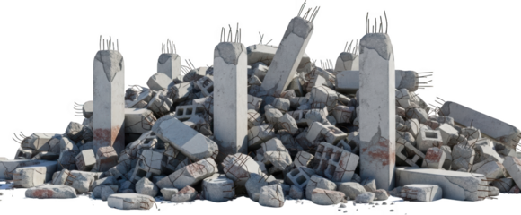 A large pile of broken concrete rubble featuring exposed rebar and shattered structural columns sits isolated on a transparent background Debris Demolition Ruin Construction Structure