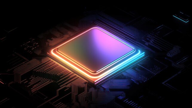futuristic rendering showcasing a central processing unit with vibrant neon glow, against a dark backdrop highlighting intricate circuit board patterns