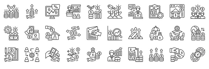 Deposit investment icon collection line style. containing Investor, Investment, market Volatility, seminar, capital investment, strategy, capital
