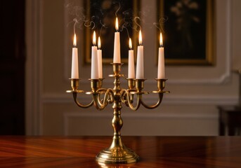 Brass candelabra with lit white candles on wooden table indoors