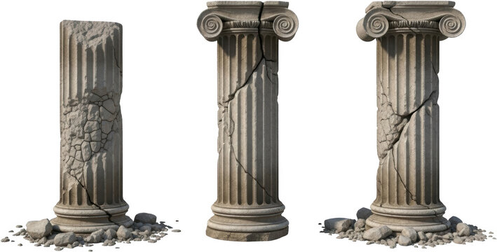 Three ancient stone Ionic architectural columns stand damaged with deep vertical cracks and shattered base sections resting on scattered rubble fragments Ruin Cracked Debris Sculpture