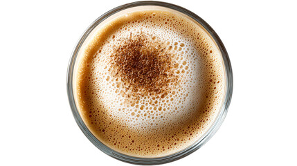 Close up overhead view of a delicious frothy coffee beverage with cocoa sprinkles in a clear glass cup ready for a cozy breakfast or coffee break menu