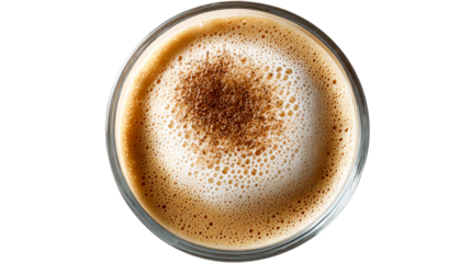 Close up overhead view of a delicious frothy coffee beverage with cocoa sprinkles in a clear glass cup ready for a cozy breakfast or coffee break menu