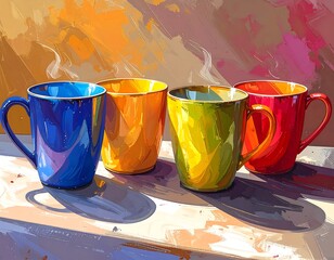 Four colorful mugs with steam rise from them, resting on a surface with abstract background