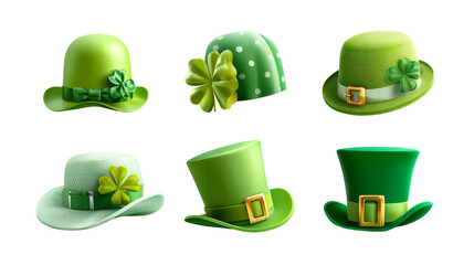 A collection of various green hats with clovers and buckles, perfect for St Patricks Day celebrations, festive events, and Irish themed holiday promotions.