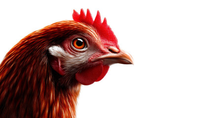 Sharp closeup of a domestic chicken head showcasing its vibrant red comb wattle and striking orange eye perfect for agricultural industry presentations educational resources and farm animal