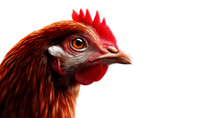 Sharp closeup of a domestic chicken head showcasing its vibrant red comb wattle and striking orange eye perfect for agricultural industry presentations educational resources and farm animal
