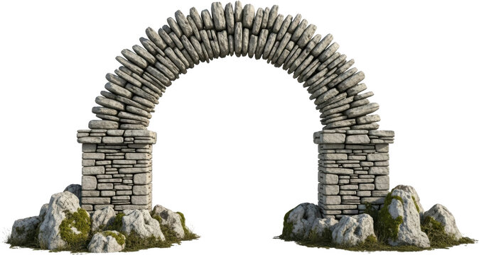 Ancient dry stacked stone archway structure featuring stacked fieldstone piers and moss covered rocks at the base isolated with a transparent background Drystacked Ruins Architecture