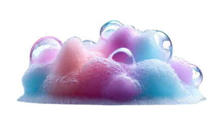 Vibrant pastel foam with glistening translucent soap bubbles creates a gentle and soft texture, perfect for cosmetic product displays or refreshing sensory marketing campaigns.