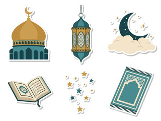 Ramadan Elements Mosque, Lantern, Moon, Quran, Stars, and Prayer Rug Stickers on White Background