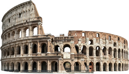 Naklejka premium The ancient Roman Colosseum amphitheater exterior detail showcases weathered stone arches tiers of seating structure and evident historical ruin against a dark background Rome Architecture