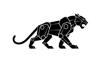 Obraz premium Black robotic panther walking on a white background with geometric lines.