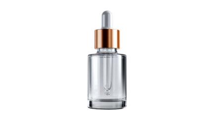 A clear glass dropper bottle with a sleek copper cap and white rubber bulb is perfect for showcasing cosmetic serums, essential oils, or pharmaceutical liquids in product presentations and