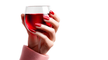 Close up of a graceful womans hand with vibrant red polished nails delicately holding a stemmed glass filled with rich crimson wine, ideal for advertising alcoholic beverages, luxury