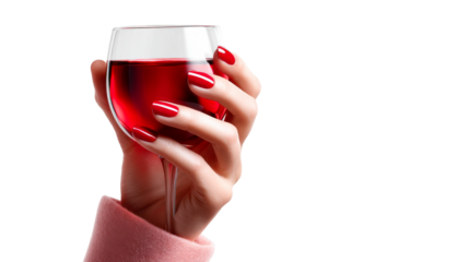 Close up of a graceful womans hand with vibrant red polished nails delicately holding a stemmed glass filled with rich crimson wine, ideal for advertising alcoholic beverages, luxury