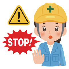 手をかざして静止する作業服を着てヘルメットを被った女性　上半身イラスト／Woman wearing work clothes and a safety helmet holding up one hand to signal stop, upper body illustration