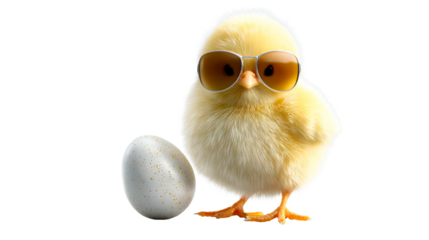 Adorable fluffy yellow baby chicken wearing cool sunglasses standing next to a speckled white egg ready for springtime celebrations and Easter holiday promotions