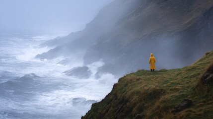 Person in yellow raincoat stands on windy cliff overlooking stormy ocean waves, feeling solitude
