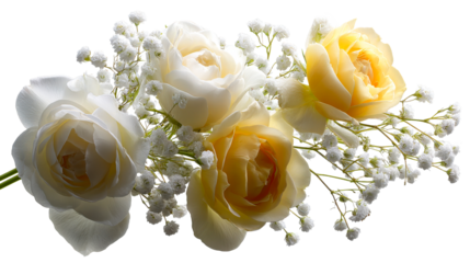 Elegant bouquet of white and yellow roses with delicate babys breath flowers arranged horizontally, perfect for wedding invitations, anniversary celebrations, or romantic greeting cards
