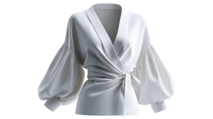 Sophisticated ivory wrap top featuring dramatic balloon sleeves and a flattering tied waistline ideal for luxury apparel catalogs and modern boutique presentations displaying elegant
