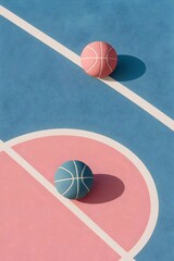 Obraz premium Pink and Teal Basketballs on Pastel Blue and Pink Basketball Court Overhead View