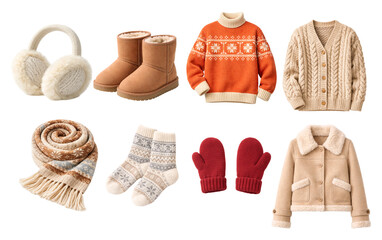 Cozy Winter Clothing and Accessories Set with Knitwear, Boots, Scarf, Socks, and Mittens