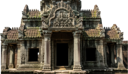 Ancient weathered stone temple entrance featuring intricate carvings moss growth on tile roof sections and flanking decorative sculpted figures 195 characters Architecture Sculpture