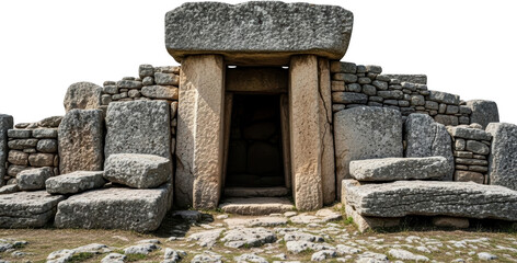 Massive ancient megalithic structure featuring a large stone doorway entrance flanked by upright slabs and smaller stacked stones forming surrounding walls Monument Archeology Historical
