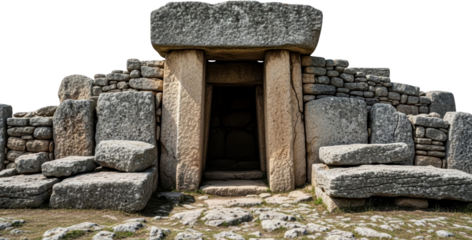 Massive ancient megalithic structure featuring a large stone doorway entrance flanked by upright slabs and smaller stacked stones forming surrounding walls Monument Archeology Historical