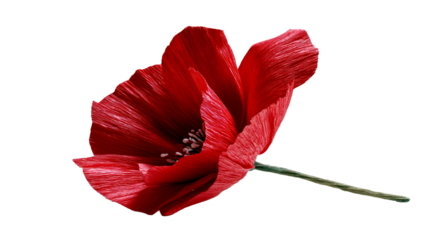 Vibrant red paper poppy flower with exquisitely crafted crinkled petals and green stem perfect for inspiring memorial tributes elegant spring decor or creative craft projects