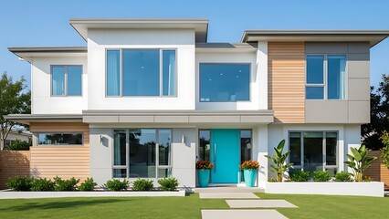 Contemporary home with clean lines and vibrant turquoise door detail