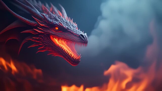 fierce dragon in a fiery haze, a symbol of strength and mythology, breathing heat and casting a shadow of fantasy and the unknown, impressive and intimidating