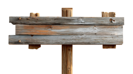 Rustic weathered wooden signpost featuring three horizontal planks attached to a sturdy vertical support, ideal for conveying an antique, natural, or outdoor message in various media
