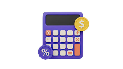 3D calculator with dollar coin and percent symbol on transparent background