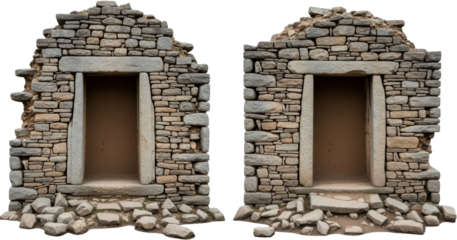 Two identical ancient stone doorway openings with rough stacked masonry walls and scattered rubble at the base exhibiting aged weathered construction Ruins Architecture Entrance Historic