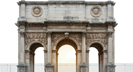 Detailed View Of The Ancient Roman Triumphal Arch Of Constantine Featuring Three Arched Openings Detailed Stone Carvings And Decorative Friezes Isolated On A Transparent Background Architecture