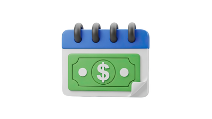 3D Calendar Icon with Dollar Bill on transparent background