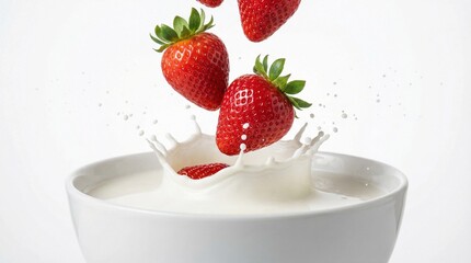 Fresh strawberries dropping into splashing milk with dynamic liquid crown