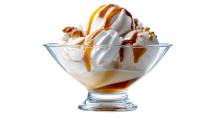 Delicious vanilla ice cream sundae dessert with rich flowing caramel sauce, fluffy whipped cream, and crunchy nuts in a clear glass bowl perfect for menu photography or sweet treat