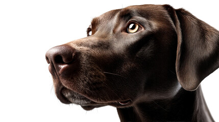 Close up portrait of a majestic chocolate Labrador dog looking intently to the side capturing its deep brown fur and expressive golden eyes suitable for pet care product advertisements