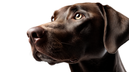 Close up portrait of a majestic chocolate Labrador dog looking intently to the side capturing its deep brown fur and expressive golden eyes suitable for pet care product advertisements