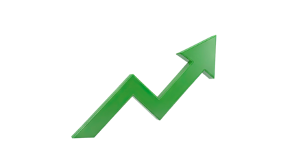 3D Green arrow pointing upwards indicating growth on transparent background