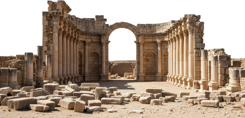 Ancient Roman theater ruins featuring weathered stone columns a central arched entryway and scattered architectural debris across a dry dusty ground area Architecture Archaeology Historical