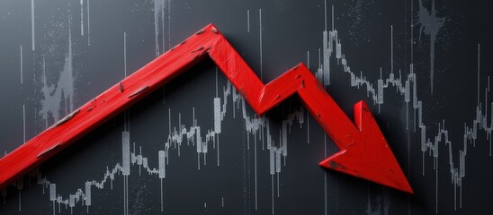 Obraz premium Red downward arrow on a dark background representing a decline in trends or markets.