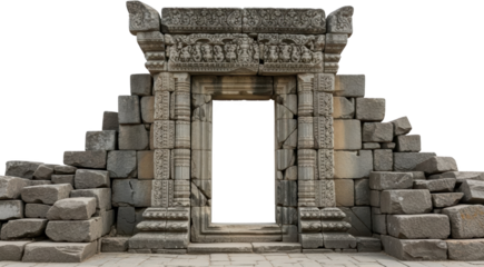 Ancient gray stone temple doorway structure featuring intricate carvings on the frame and weathered block steps ascending on both sides transparent background Ruins Architecture Entrance