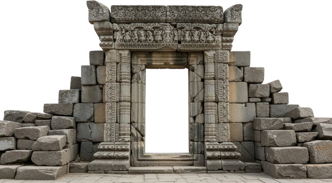 Ancient gray stone temple doorway structure featuring intricate carvings on the frame and weathered block steps ascending on both sides transparent background Ruins Architecture Entrance