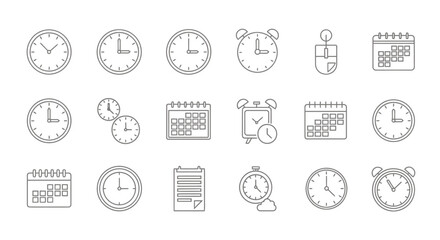 Set of outlined clock and calendar icons representing time management and scheduling concepts.