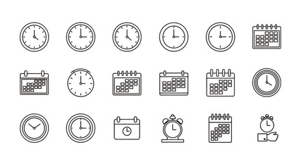A versatile set of minimalist line art vector icons featuring clocks and calendars, ideal for representing time management, planning, and event scheduling.
