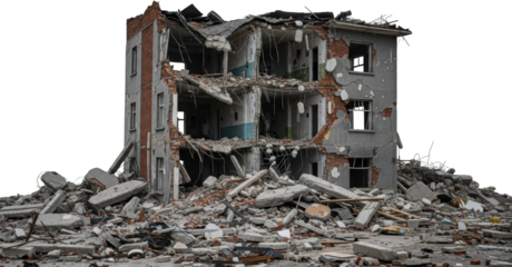 Collapsed concrete apartment structure with exposed interior floors and severe damage piles of rubble and broken masonry surrounding the ruined building exterior Debris Demolition Destruction