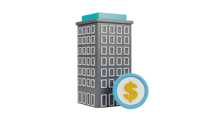 3D Illustration of a Building with a Dollar Sign Coin